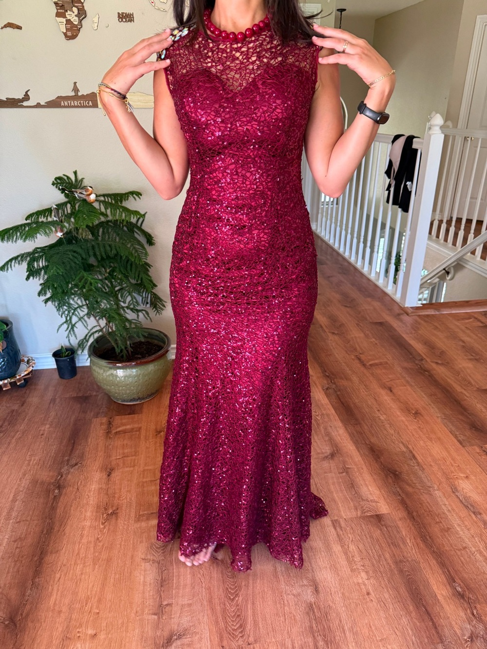 Vintage Burgundy Sequin Lace Maxi Dress